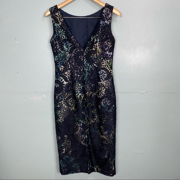 Theia Navy Lace Multi Mermaid Rainbow Color Cocktail Dress 882878 Sz 4 - Picture 5 of 9